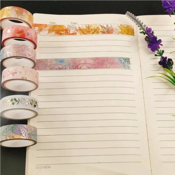 NEW 6 Rolls Washi Tape Gold Foiled Leaves, Geometric, Stars - Pink/ Purple - Picture 6 of 6